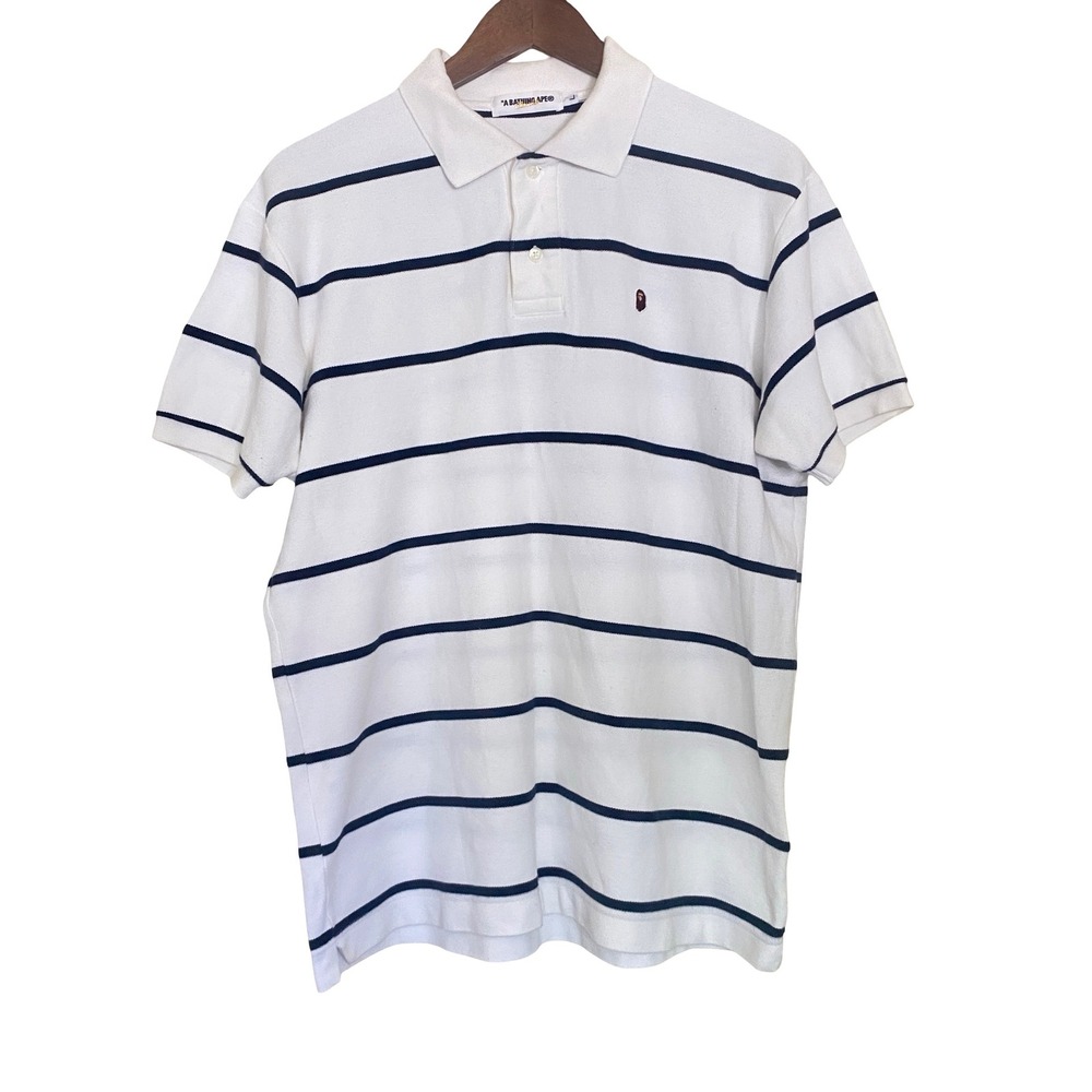 A Bathing Ape Classics Mens Polo Shirt Large White Blue Striped Embroidered Logo